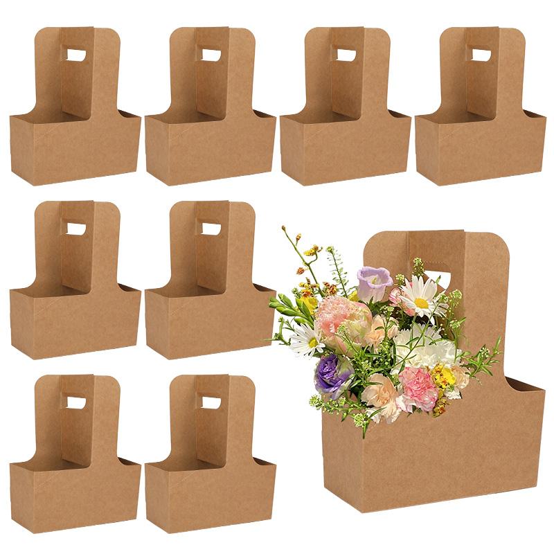 5/10pcs Kraft Paper Flower Bouquet Bags Portable Drink Coffee Take Out Holders Wedding Birthday Party Christmas Gift Packing Box