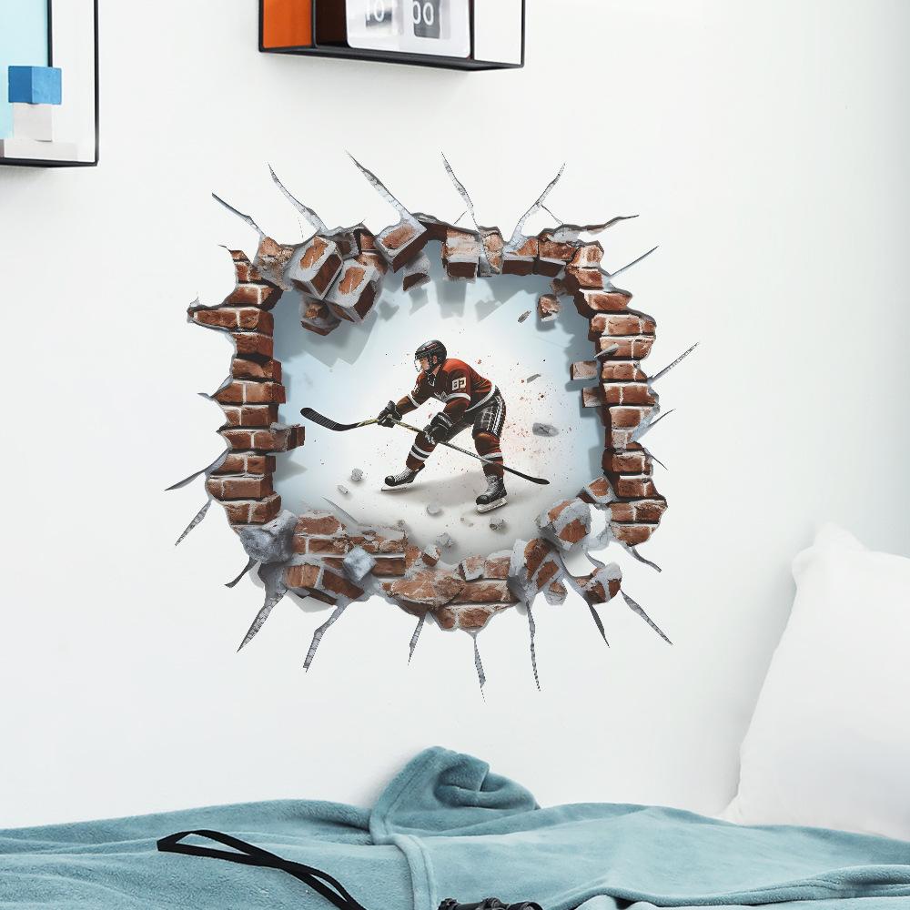 Creative Ice Hockey Player Breaking Through Wall Self Adhesive Wall Sticker for Kids Room Decor