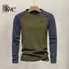 Long Sleeve Elastic Cuffs Top Men Raglan T-shirt O-Neck Patchwork Color Pullover Tops Loose Fit Breathable Casual Tees