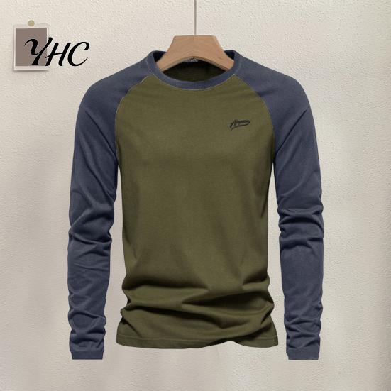 Long Sleeve Elastic Cuffs Top Men Raglan T-shirt O-Neck Patchwork Color Pullover Tops Loose Fit Breathable Casual Tees
