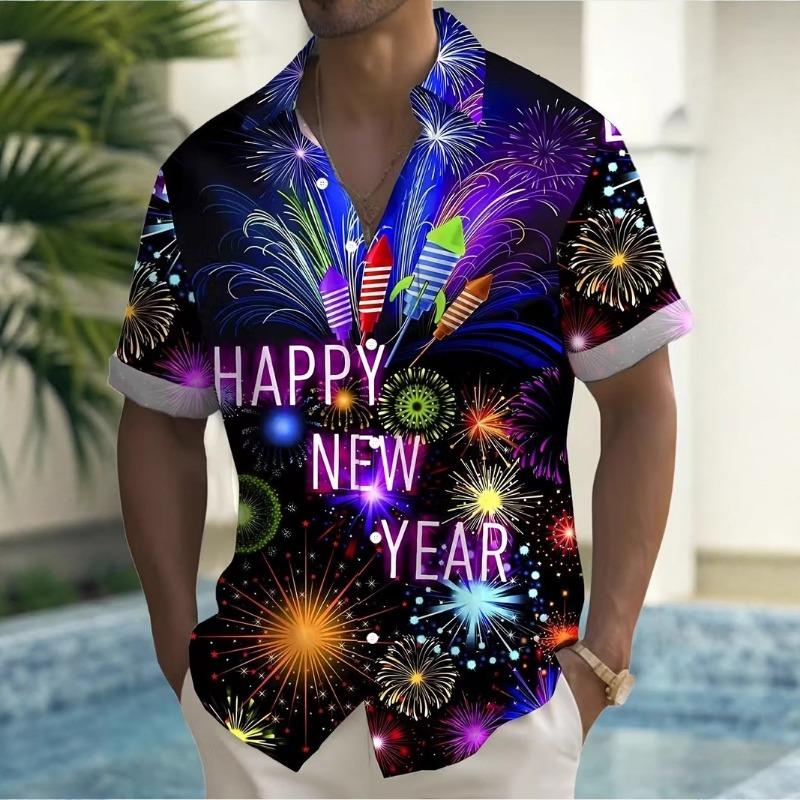 Autumn and Winter Men's Short Sleeved Shirt New Year's Christmas Pattern Digital Printed Shirt Top Men's Casual Shirt
