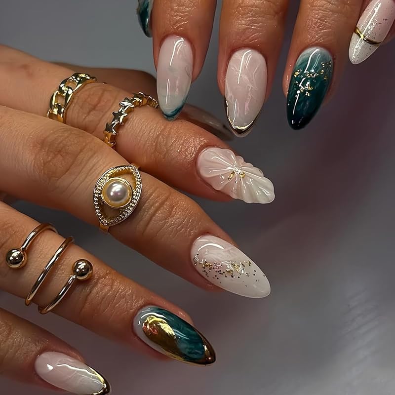 Flower Press on Nails Short Almond Fake Nails Spring Summer Nails Shell French Tip False Nails Press ons with Pearl Design Glossy Acrylic Reusable