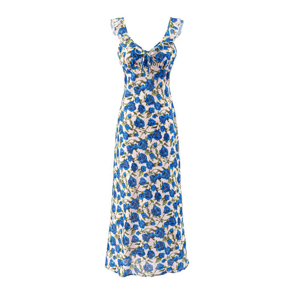 2026 French Retro V-Neck Floral Camisole Dress for Spring Beach Holidays