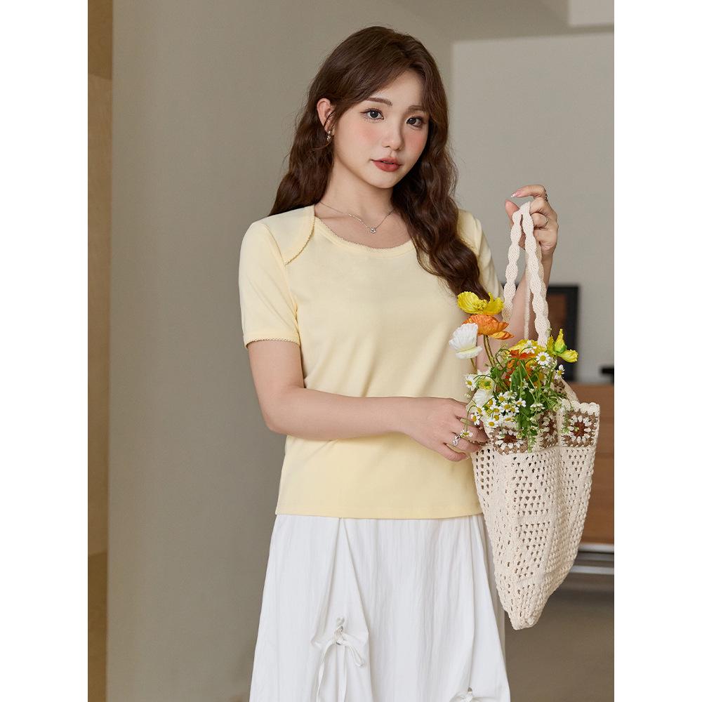 Women's Plus Size Lace Round Neck Two-Piece Look T-Shirt - Short Sleeve, Loose Fit 