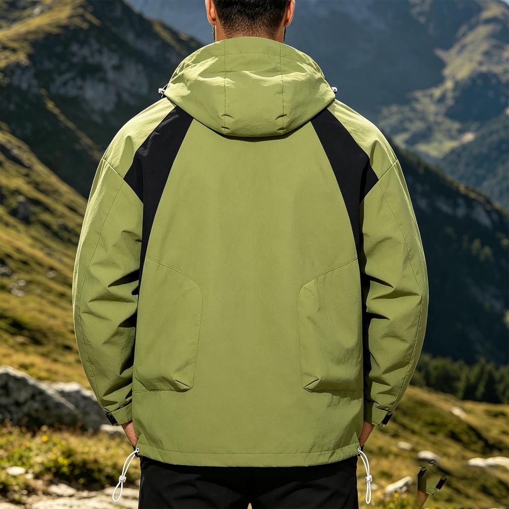 Men's Color-Block Windproof Outdoor Jacket with Removable Hood, for Hiking and