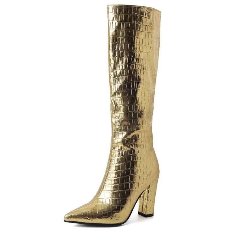 Gold Silver Women's Knee High Boots Winter Shoes New 2024 Trends Luxury Western Cowboys Long Boot Large Size Footwear Brand