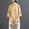 Vintage Cotton Linen Shirt Women's Spring Summer Stand Collar Button Embroidered Tea Dress