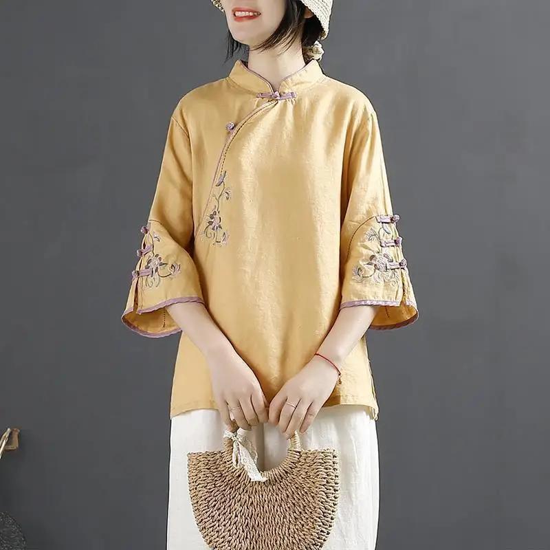 Vintage Cotton Linen Shirt Women's Spring Summer Stand Collar Button Embroidered Tea Dress