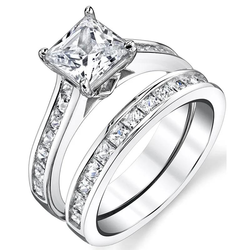CAOSHI Classics Silver Color 2Pcs/Set Rings for Women Temperament Square Cubic Zirconia Jewelry Accessories for Wedding Party