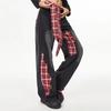 Women Retro Bow Tie Tied Jeans with Grid Splicing Harajuku Y2K Loose Casual Slimming Wide Leg Pants Jeans Woman