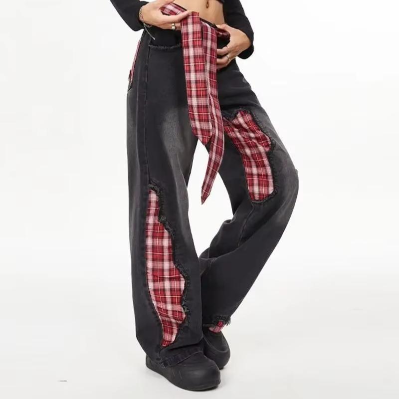 Women Retro Bow Tie Tied Jeans with Grid Splicing Harajuku Y2K Loose Casual Slimming Wide Leg Pants Jeans Woman