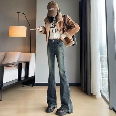 Vintage Style Flared Jeans for Women In Spring and Autumn Updated Style High-waisted Slim and Elastic Horseshoe Slim and Slim Floor Pants