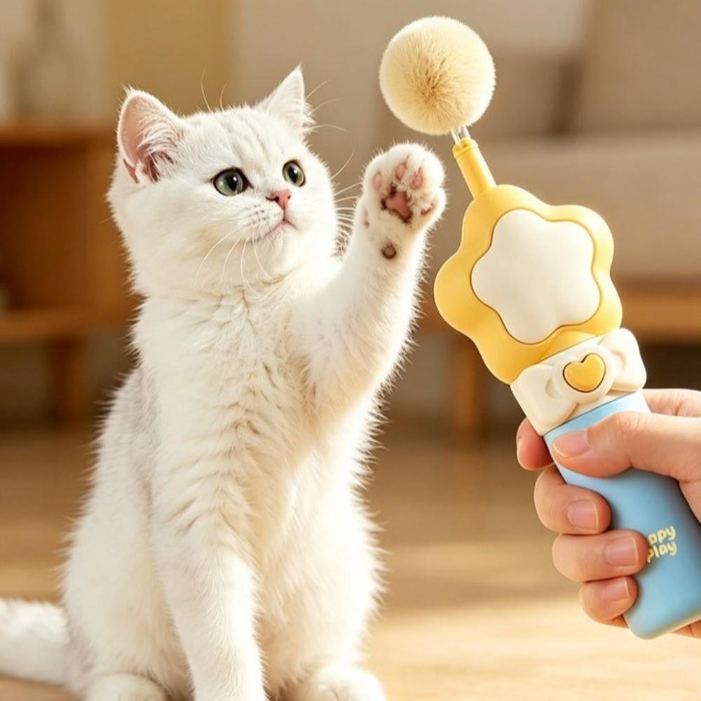 Retractable Electric Cat Teaser Long-Lasting with Plush Ball Interactive Cat Wand Handheld Teasing Stick Indoor Play