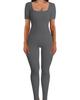 Women's Ribbed Square Neck Yoga Jumpsuit with Hip Lifting Slim Fit, Long/Short Sleeve
