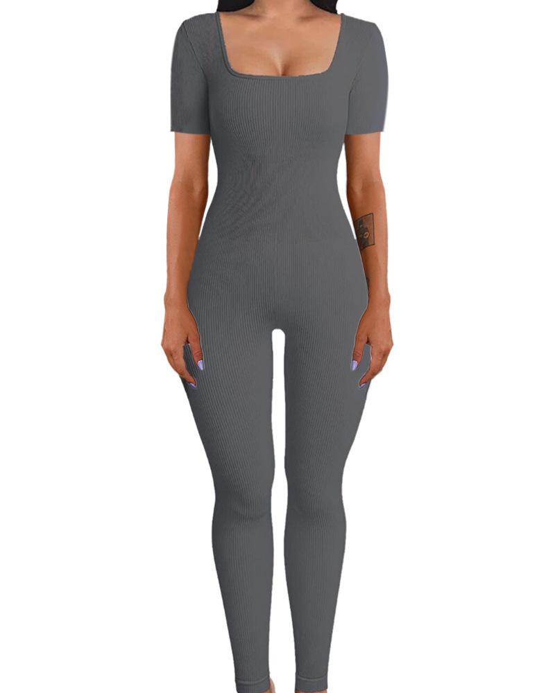 Women's Ribbed Square Neck Yoga Jumpsuit with Hip Lifting Slim Fit, Long/Short Sleeve