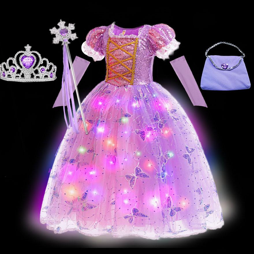 Mirdzošs Rapunzel kostīms meitenei LED princeses