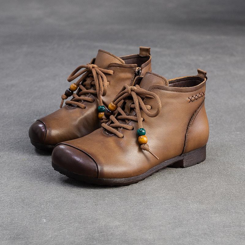 Johnature Retro Round Toe Genuine Leather Ankle Boots Versatile Soft Soled Comfortable Women's Shoes