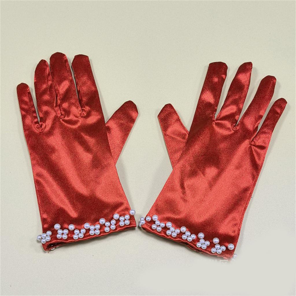 Satin Gloves Evening Galas Gloves with Beaded Trim Short Gloves Wedding Bride Gloves Formal Occasion Stage Props Gloves