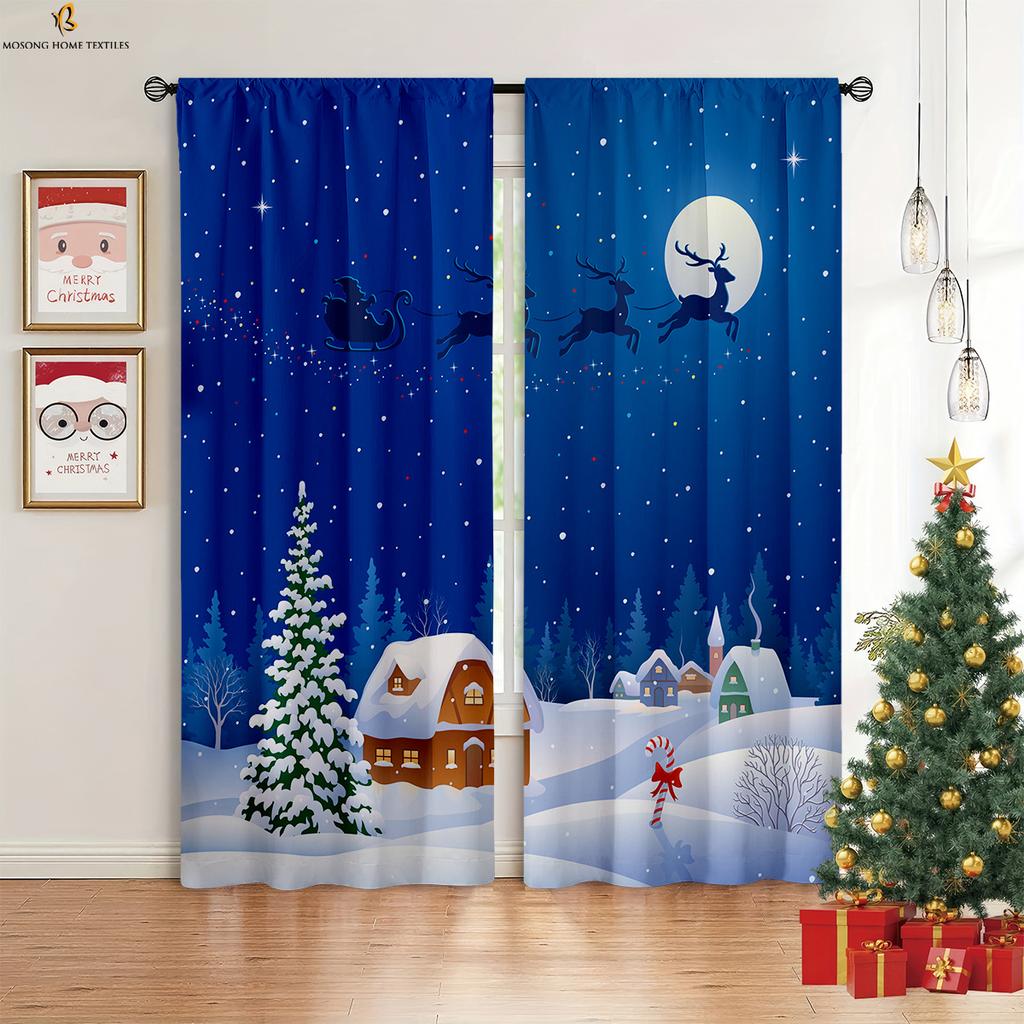 Cortinas com estampa de desenho animado de floco de neve de árvore de Natal, cortinas decorativas clássicas retrô, cortinas decorativas para quarto, restaurante, festa