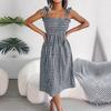 Women Spring Summer Halter Neck Sleeveless Casual Lace-Up Contrast Plaid High Waist Long Dress S-XL