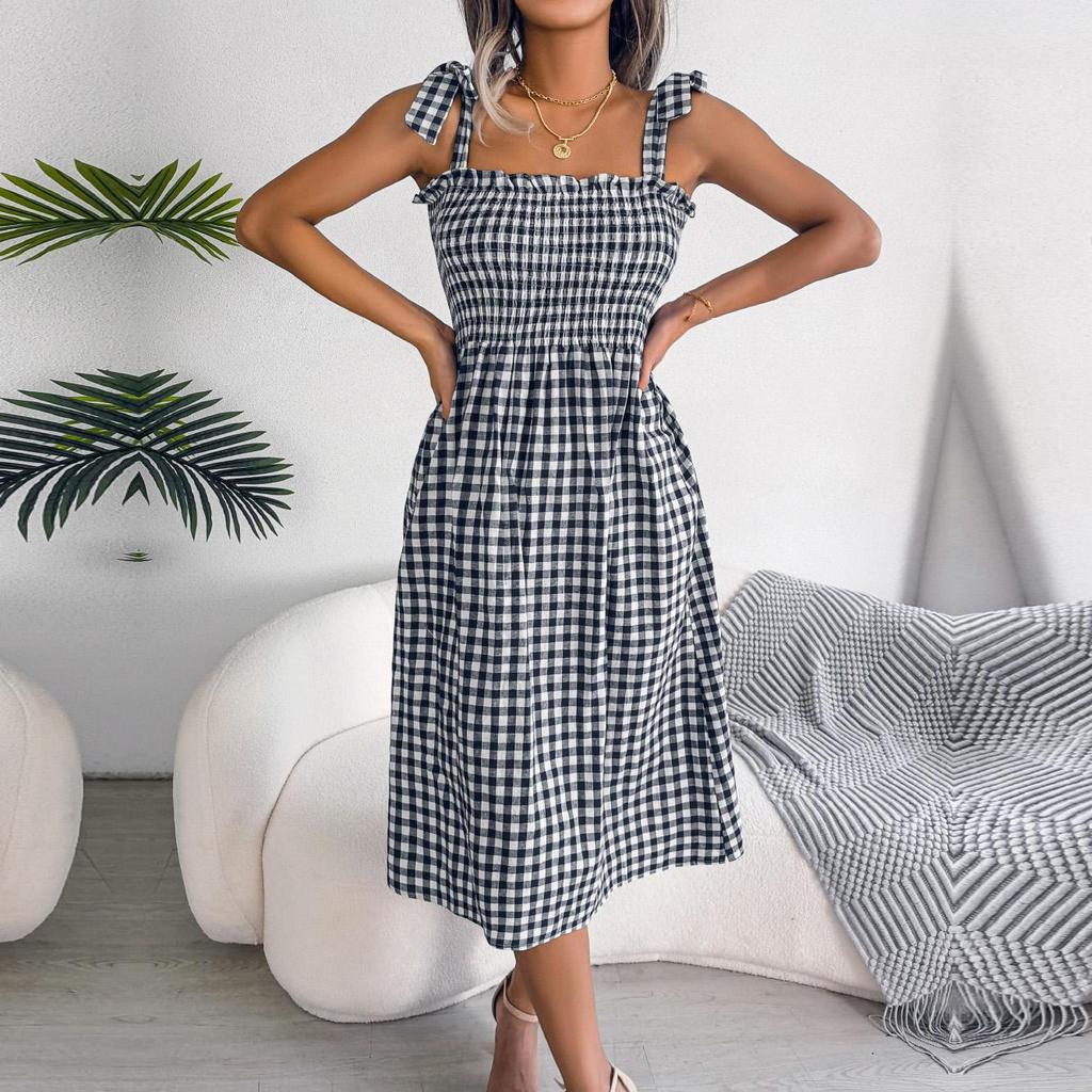 Women Spring Summer Halter Neck Sleeveless Casual Lace-Up Contrast Plaid High Waist Long Dress S-XL
