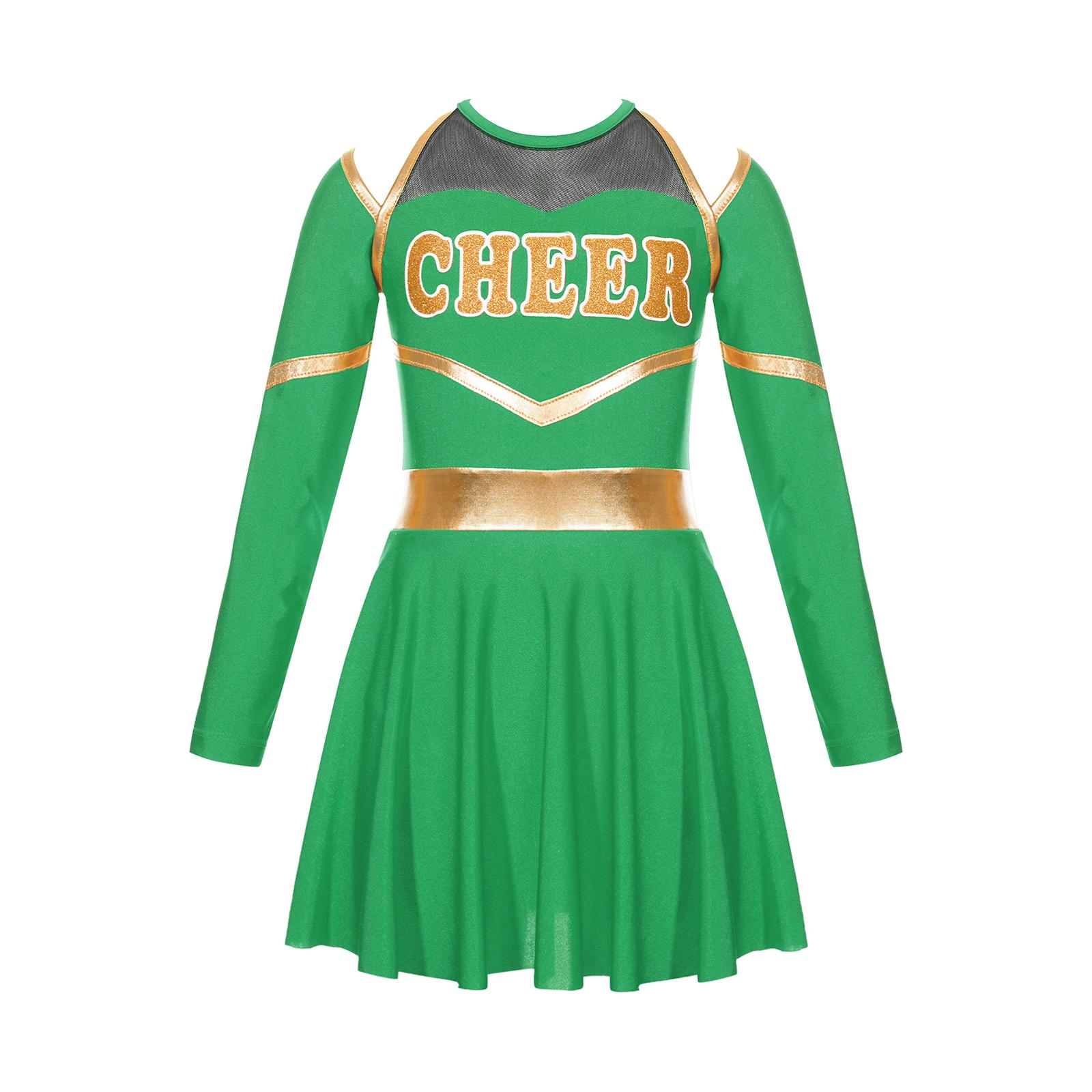 

Girl Cheerleading Costumes Dance Uniform Long Sleeves Dance Dress with Hand Flowers Headwear Striped Socks for Stage Performance 6 зелений