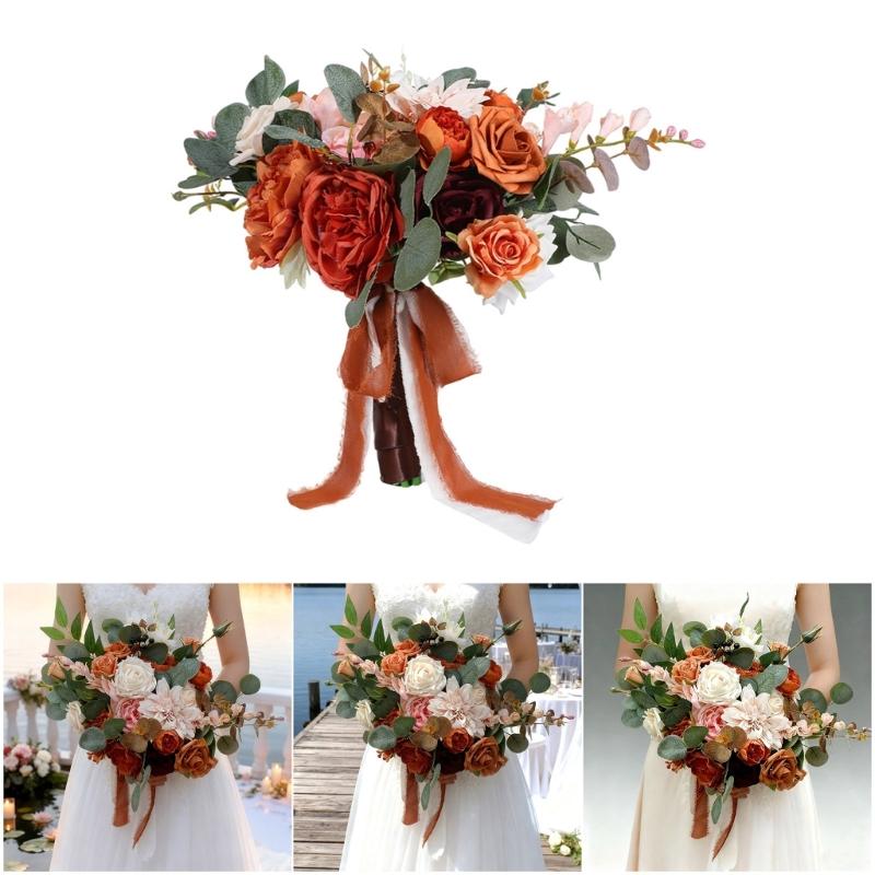 Realistic Caramel Bridal Bouquets Artificial Roses Fall Wedding Decoration Handmade Silk Flower For Home Elegant Party
