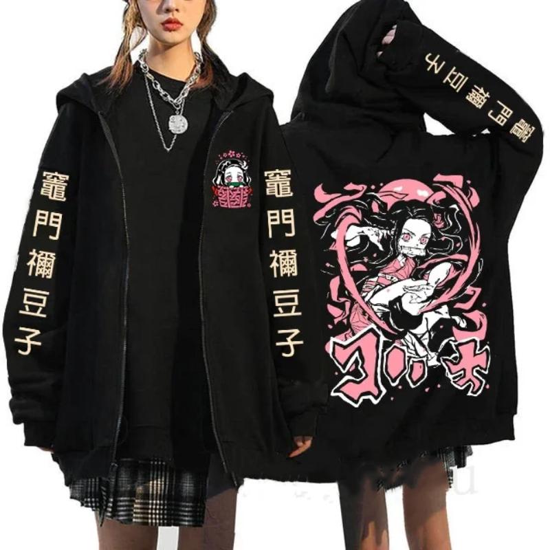 Japanese Anime Demon Slayer Zipper Jackets Sweatshirt Nezuko Kamado Mange Y2k Zip Up Hoodies Kimetsu No Yaiba Cartoon Streetwear