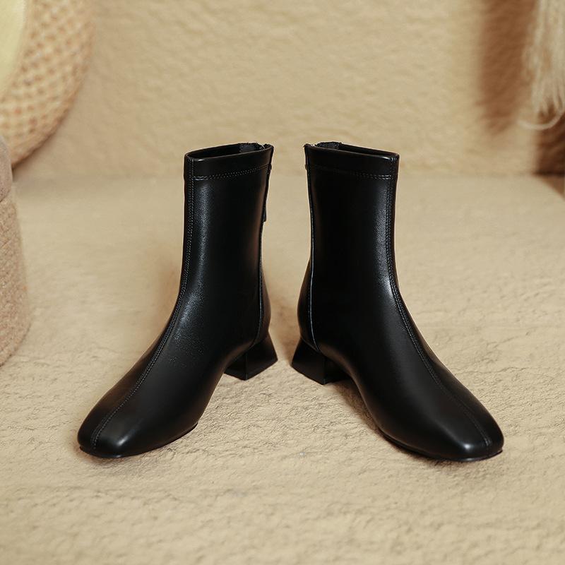 French Small Short Boots Women's Thick Heel 2025 New Autumn and Winter Women's Boots Medium Tube Low Heel Square Head Thin Boots Women's Leather Boots