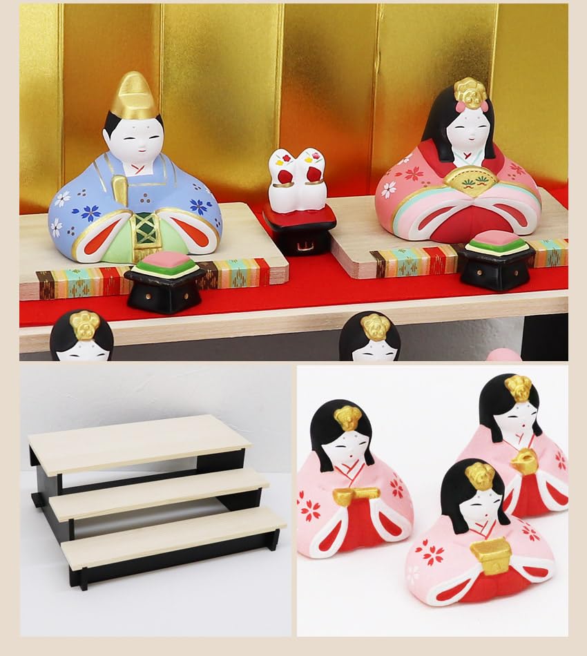Osaka Choseido Original Hina Doll Compact Mini Hina Nume gravat cu etichetă din lemn Bonus Ceramic Hina Doll Sakura Hina Asamblare tip trei niveluri