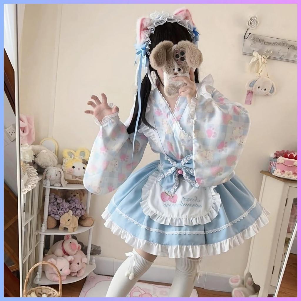 Japanese Lolita Maid Dreamy Gothic Lolita Princess Yukata Style Cosplay Set Size [Rowaica] Outfit, Style, Sleeves, (Blue, S)