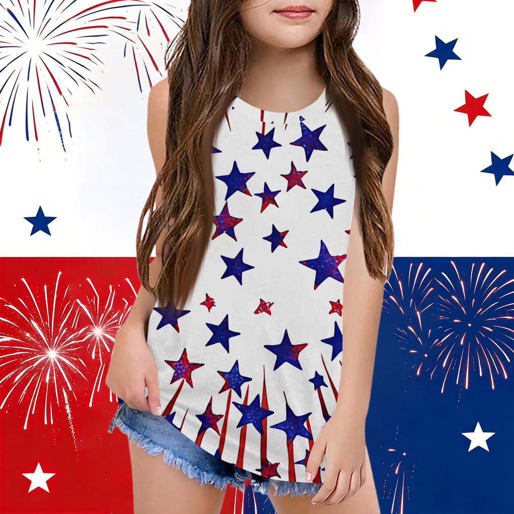 Girls  Kids Summer Crewneck Sleeveless Shirts Tank Tops Independence Day