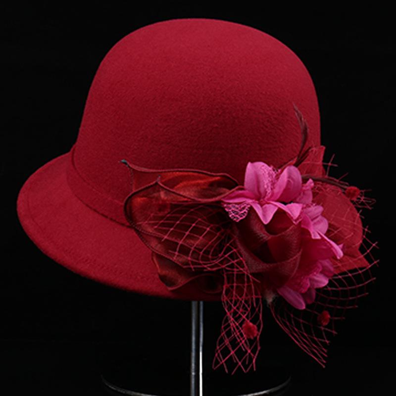 Autumn and winter new feather flower woolen top hat women's British retro casual bucket hat fashion mesh small brim basin hat