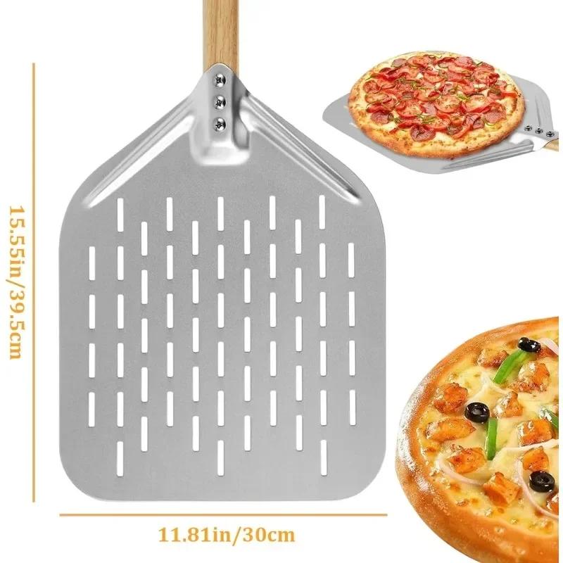 Pala per pizza da 12 pollici, pala per pizza con manico in legno, antiaderente, perforata, leggera, strumento per la cottura della pizza