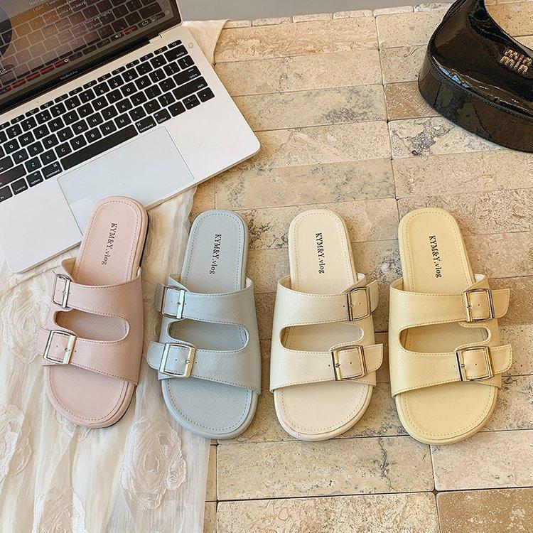Temperament fairy style belt buckle open-toed square head slippers female summer wear French beautiful flat heel one word sandals sandals