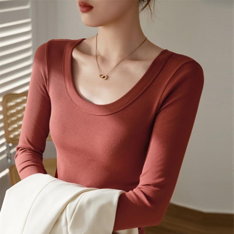 Damen U-Ausschnitt Langarm Figurbetont Einfarbig Lässig Basic Langarmshirt
