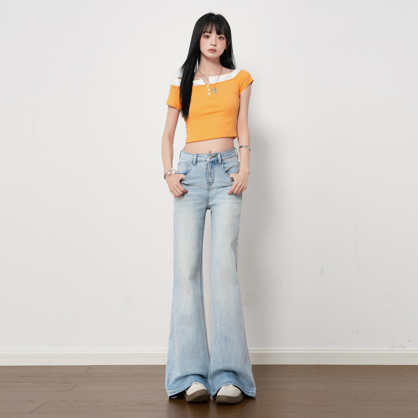 

Women s Light Blue Embroidered High Waist Micro Flare Jeans - 2026 Spring Collection, Loose Fit, Slimming, Non-Clingy, Long Pants. XXL