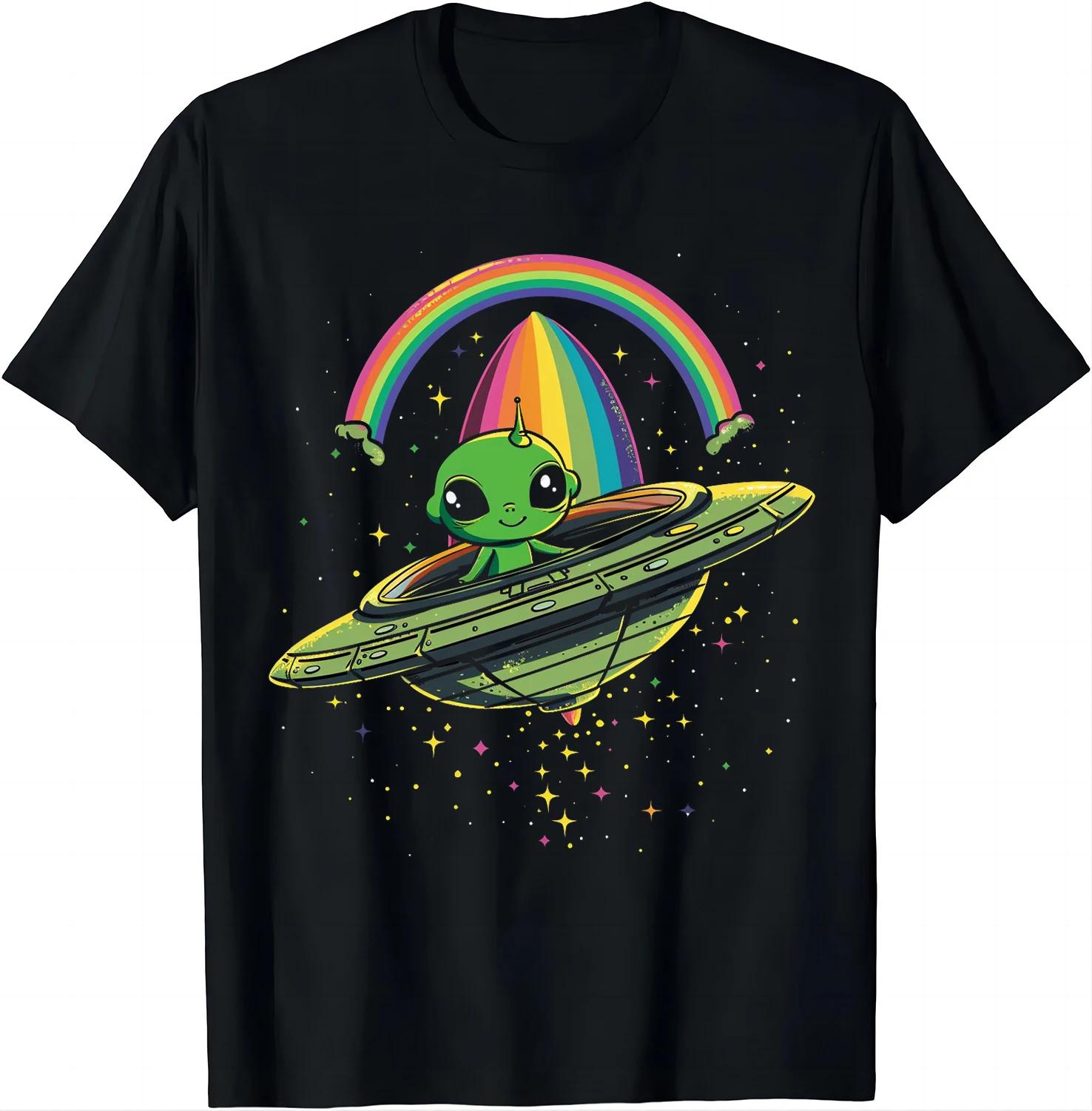 

UFO Lovers Tee Green Alien with Rainbow Galaxy Shirts Tops T Shirt for Men Graphic T Shirts Camisetas Streetwear S