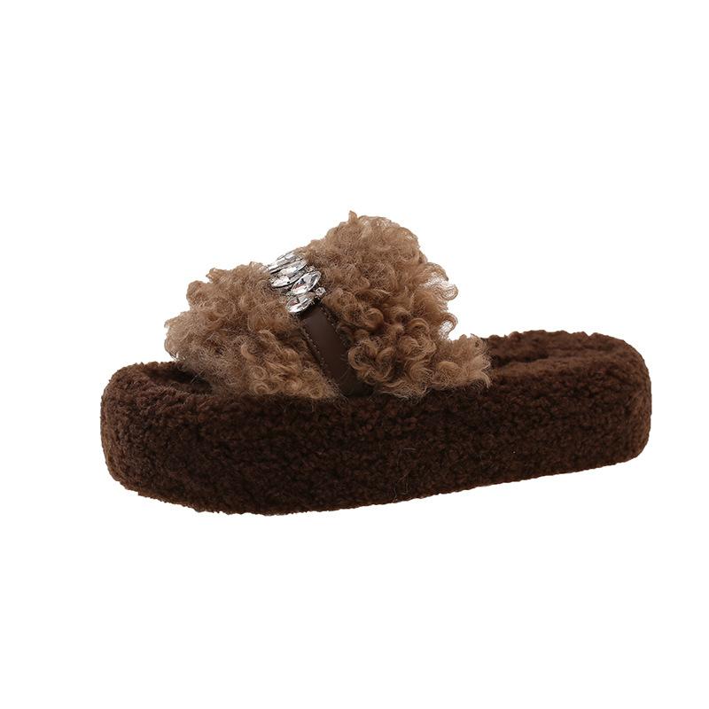Lamb wool slippers women's autumn and winter 2025 new muffin thick bottom outer wear one-word cotton drag women's outer wear