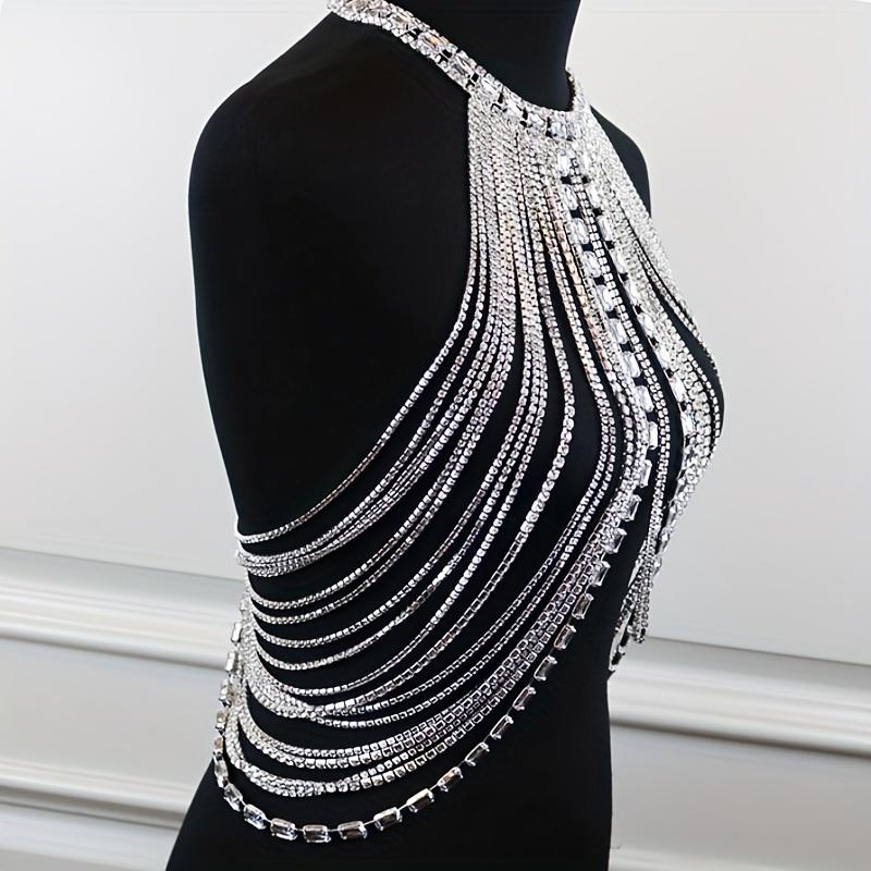 Multi Layers Shiny White Zircon Tassel Neck Chest Chain Sexy Body Chain Jewelry Decoration