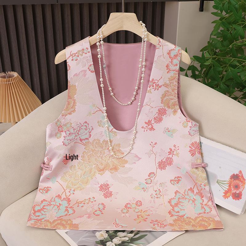 

Spring 2026 Chinese Style Peony Song Brocade Layered V-Neck Vest XL рожевий