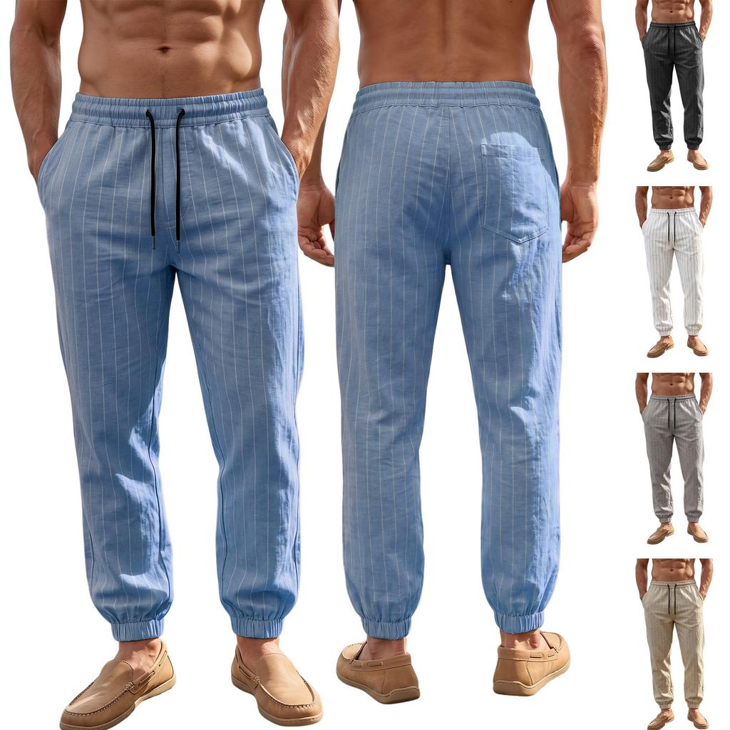 Men's Casual Striped Linen Pants Loose Fit Straight Leg Long Trousers Sporty American Style Men's Wear Breathable Casual Sports Trousers