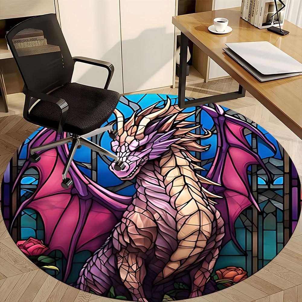 1PC StainedGlass Dragon Office Round Area Rug, Indoor Mat Suitable ForOffice, Under Office Chairs Bedroom Living Room Home Decor, Room Deco,  F033