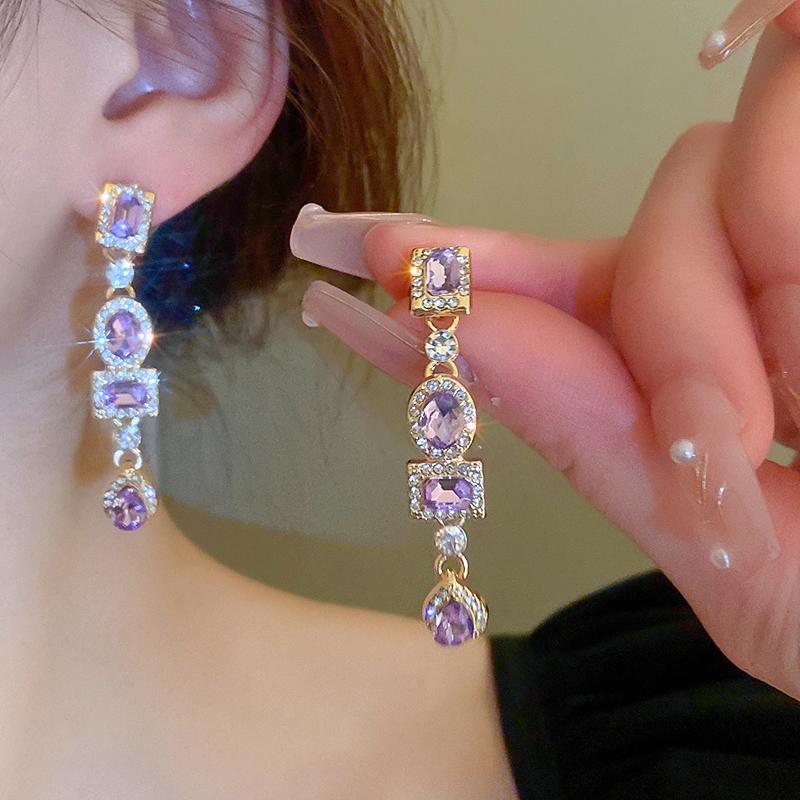 Shiny Colorful Rhinestone Long Tassel Earrings Women Fashion Geometric Square Drop Dangle Earrings Party Wedding Jewelry Gift K0