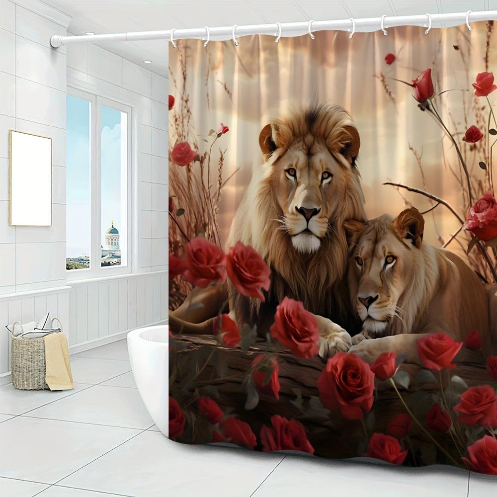 3D Lion And Rose Print Bath Curtain Waterproof & Mildew-Resistant Home Decor Adds Artistic Touch To Bathroom Space