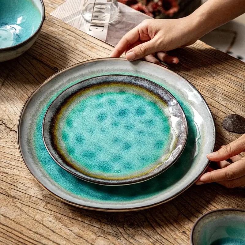 11 Inches Blue Ceramic Dinner Plate Irregular Western Food Steak Pasta Plate Hotel Restaurant Fruit Salad Dessert Dishes Cutlery