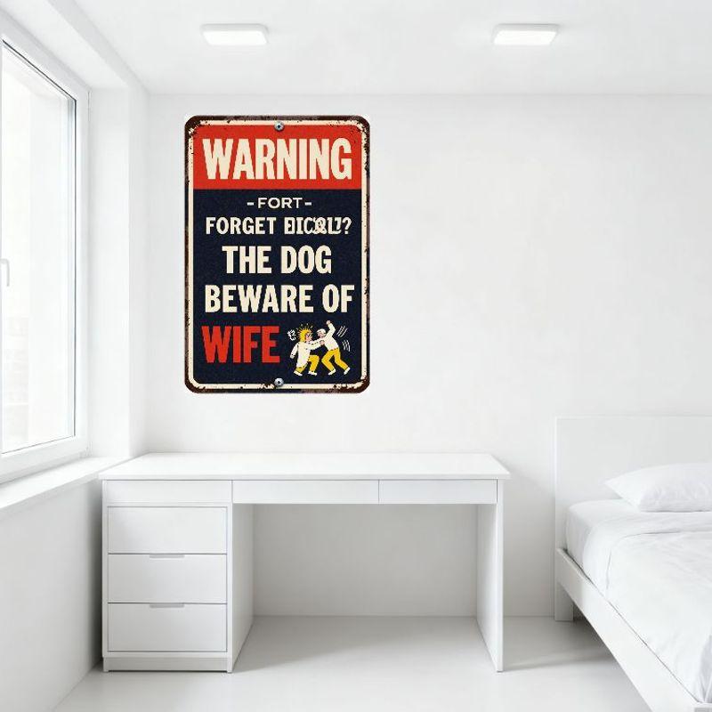 Vintage Style 'Beware of Wife' Humorous Warning Metal Tin Sign with Rusty Look, Funny Dog Themed Home Bar Man Cave Decor