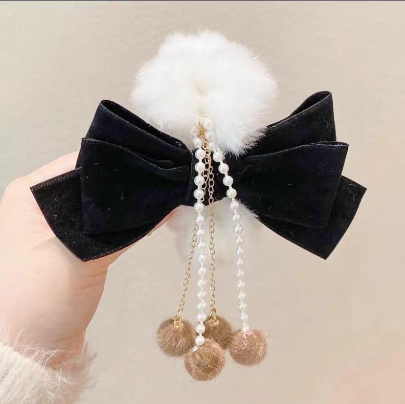 Autumn/Winter Large Pearl Tassel Bow Hair Clip with Plush Shark Design