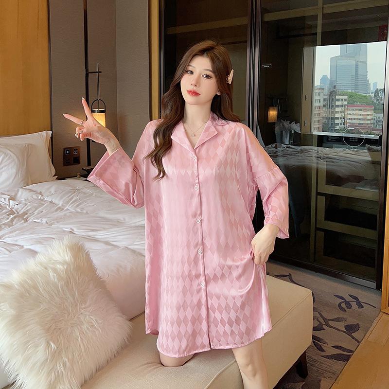Summer plaid simple ice silk nightdress lapel cardigan shirt skirt long sleeve spring and autumn thin fashion pajamas women