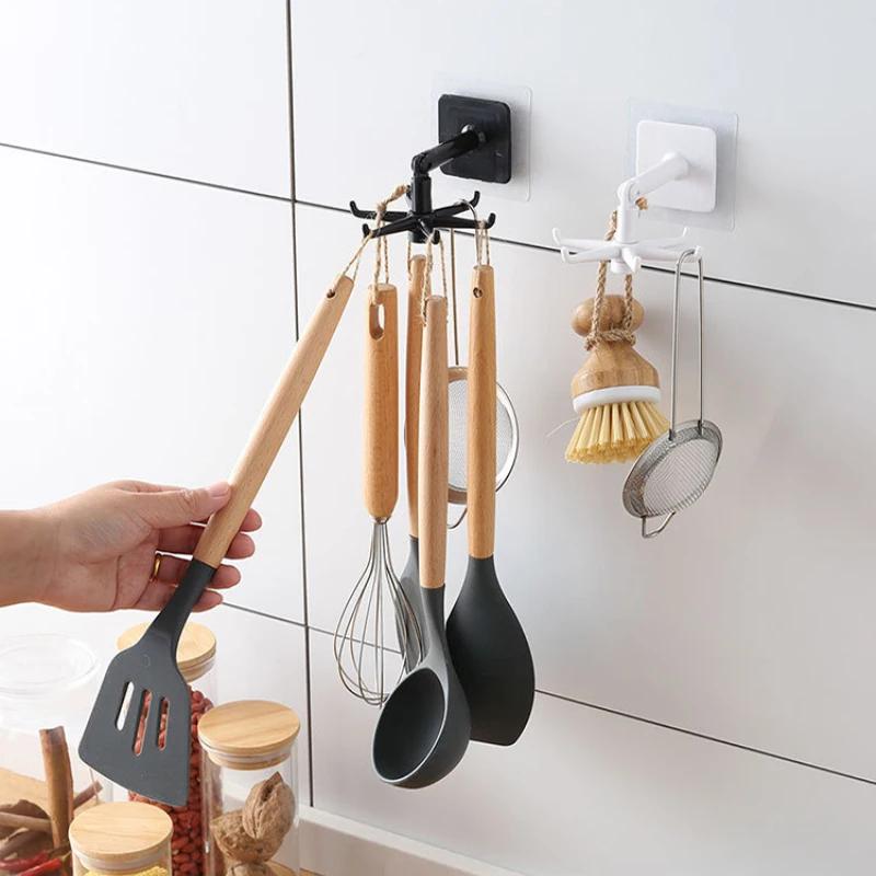 Self Adhesive Kitchen Hooks 360 Degrees Rotated 6 Hooks Home Wall Door Hook Handbag Clothes Ties Bag Hanger Hanging Rack Gadgets